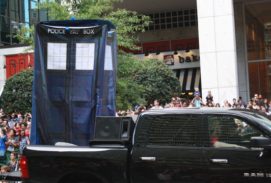 The TARDIS, on a pickup truck...